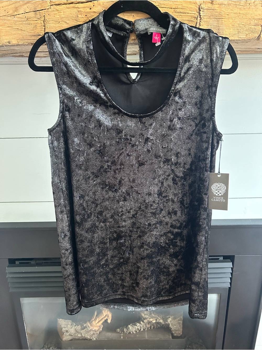 Vince Camuto Silver-Black Crushed Velvet Sleeveless Tank